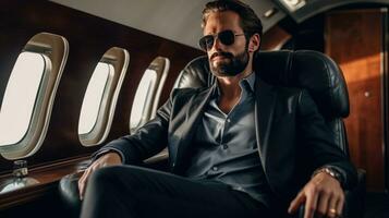 AI generated Confident Executive in Luxury Jet Relishing Tranquil Journey photo