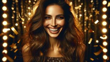 AI generated Glamorous Woman Smiling in Sparkling Celebration Atmosphere photo