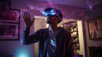 joven hombre utilizando virtual realidad auriculares, mirando alrededor a interactivo tecnología en vivo habitación con multicolor proyector ligero iluminación, ai generado foto