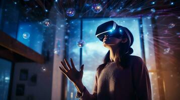 joven mujer utilizando virtual realidad auriculares, mirando alrededor a interactivo tecnología en vivo habitación con multicolor proyector ligero iluminación, ai generado foto