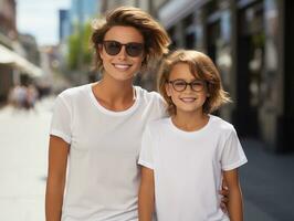 Mother and daughter wearing blank empty white t-shirt mockup for design template, mothers day concept, AI Generated photo