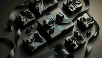 AI generated Black Gift Boxes with Ribbon, Flat Lay View photo