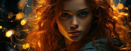 AI generated Fiery Redhead Amidst Ethereal Glow and Enchanting Sparks photo