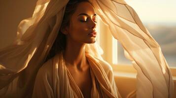 AI generated Ethereal Beauty Radiates Amidst Sunlit Flowing Silken Drapes photo