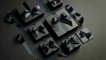 AI generated Black Gift Boxes with Ribbon, Flat Lay View photo