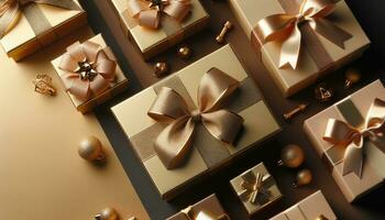 AI generated Golden Gift Boxes with Ribbon, Flat Lay View photo