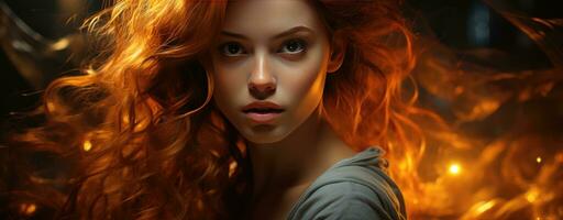 AI generated Fiery Redhead Amidst Ethereal Glow and Enchanting Sparks photo