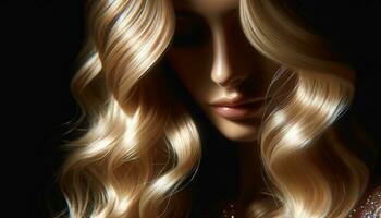 AI generated Beauty woman with luxurious straight blonde hair. Radiant blonde waves in ethereal glow photo