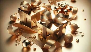 AI generated Golden Gift Boxes with Ribbon, Flat Lay View photo