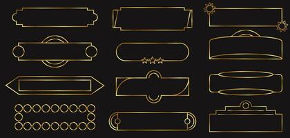 metal marcos, ui elementos con Exquisito decoración. oro metal marcos de varios formas, marcos para nombre, botones para juegos medieval estilo. vector