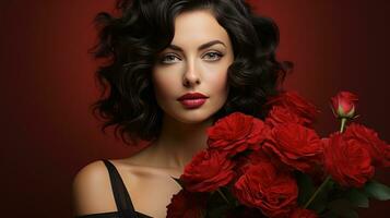 AI generated Enigmatic Beauty Holding Red Rose in Radiant Elegance photo