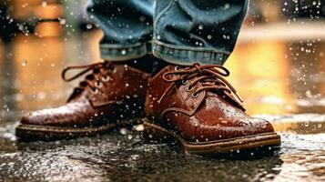 Leather Boots Splashing Through Wet Urban Rainy Street photo