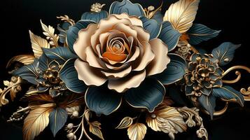 AI generated Ornate Golden Rose Sculpture, Elegance in Metallic Craftsmanship photo