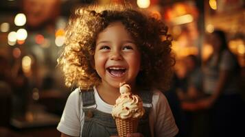 Happy Child with Ice Cream on City Evening photo