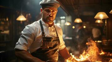 dedicado cocinero dominar el llamas en intenso cocina escena foto