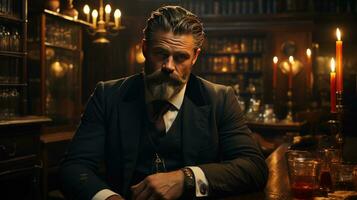 Elegant Gentleman Reflects in Ambient Vintage Bar Setting photo