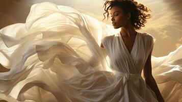 AI generated Ethereal Beauty Radiates Amidst Sunlit Flowing Silken Drapes photo