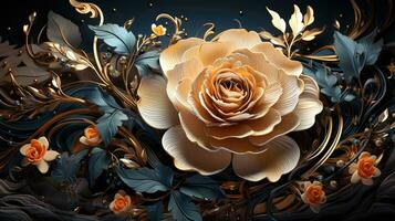 ai generado florido dorado Rosa escultura, elegancia en metálico artesanía foto