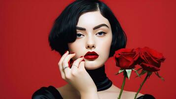 AI generated Enigmatic Beauty Holding Red Rose in Radiant Elegance photo