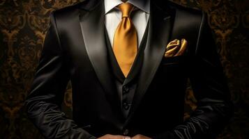 un de cerca silueta de un Rico empresario en negro y oro traje foto