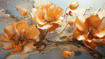 Golden Blooms Emerging from Ethereal Fluidic Landscape photo