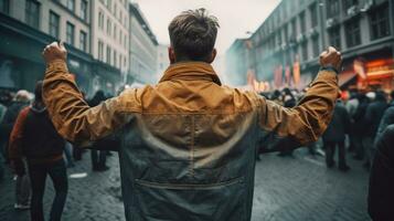 Back view of a man. The crowd gathered to protest photo