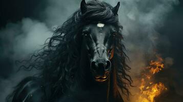majestuoso negro caballo emergente desde etéreo ahumado oscuridad foto