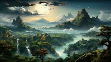 Mystical Moonlit Landscape with Serene Waterfalls and Mountains photo