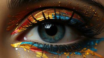 Vibrant Gold and Colorful Eye Makeup with Intricate Details photo