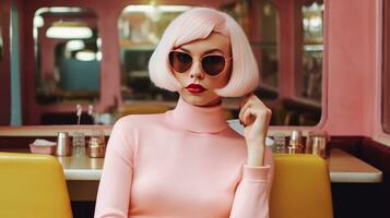 Stylish Blonde in Retro Diner with Vintage Modern Ambiance photo