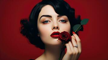 Enigmatic Beauty Holding Red Rose in Radiant Elegance photo