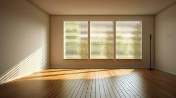 iluminado por el sol vacío habitación con de madera piso y ventanas foto