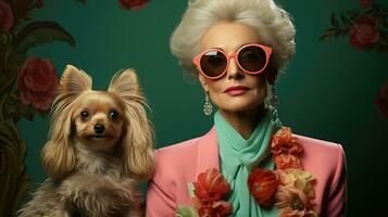 elegante mujer con Gafas de sol participación elegante perro foto