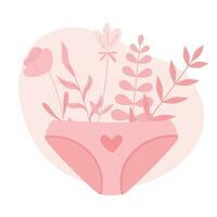 Woman pink panties with flowers and leaves sticking out. Women menstrual period.  Vector illustration