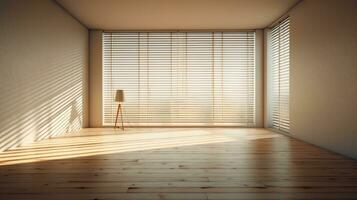 iluminado por el sol vacío habitación con de madera piso y ventanas foto