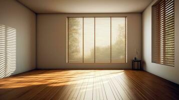 iluminado por el sol vacío habitación con de madera piso y ventanas foto