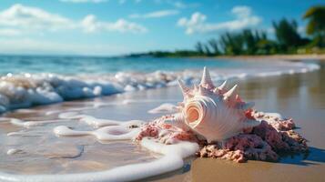 Luminous Pink Conch Shell. Serene Beach Paradise by the Sea photo