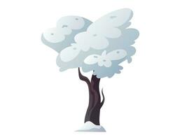 Cartoon tree with a snow-covered crown, white cold snowdrift. Vector isolated winter illustration.