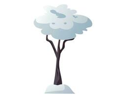Cartoon tree with a snow-covered crown, white cold snowdrift. Vector isolated winter illustration.