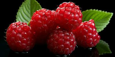 AI generated Fresh Ripe Raspberry on Black background, Juicy and tasty Fruit, Healthy Food photo