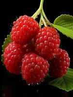 AI generated Fresh Ripe Raspberry on Black background, Juicy and tasty Fruit, Healthy Food photo