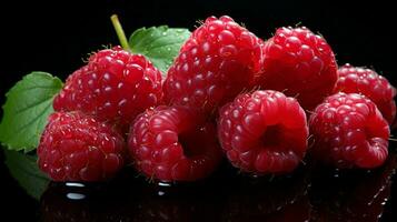 AI generated Fresh Ripe Raspberry on Black background, Juicy and tasty Fruit, Healthy Food photo