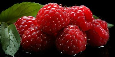 AI generated Fresh Ripe Raspberry on Black background, Juicy and tasty Fruit, Healthy Food photo