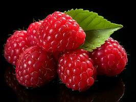 AI generated Fresh Ripe Raspberry on Black background, Juicy and tasty Fruit, Healthy Food photo