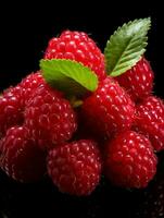 AI generated Fresh Ripe Raspberry on Black background, Juicy and tasty Fruit, Healthy Food photo