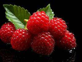 AI generated Fresh Ripe Raspberry on Black background, Juicy and tasty Fruit, Healthy Food photo