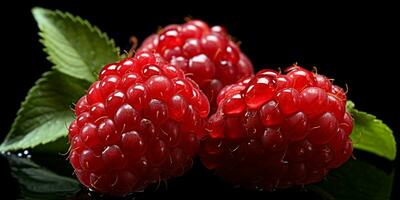 AI generated Fresh Ripe Raspberry on Black background, Juicy and tasty Fruit, Healthy Food photo