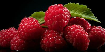 AI generated Fresh Ripe Raspberry on Black background, Juicy and tasty Fruit, Healthy Food photo