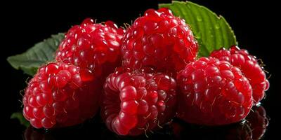 AI generated Fresh Ripe Raspberry on Black background, Juicy and tasty Fruit, Healthy Food photo