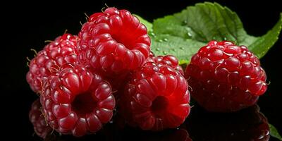 AI generated Fresh Ripe Raspberry on Black background, Juicy and tasty Fruit, Healthy Food photo